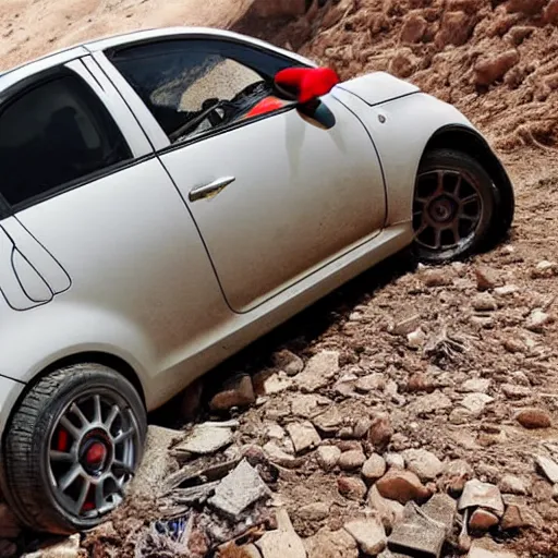 Prompt: a wrecked 2 0 1 0 abarth 5 0 0, abandoned in a desert, dusty, damaged, some rust