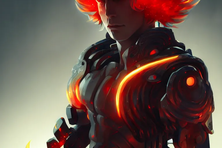 Image similar to digital art of a pale menacing male Cyborg Angel of Battle with fluffy blond curls of hair and piercing red eyes, gilded black cybernetics, he commands the fiery power of resonance and wrath, by WLOP, Artstation, CGsociety