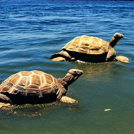 Prompt: giant golden tortoises swimming on the pacific ocean