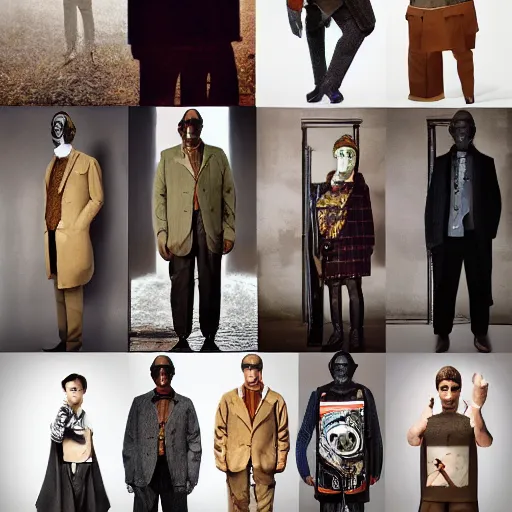 Image similar to outlive smart casual collection lookbook grid, in the style of grand chamaco and stanley kubrick, inspired by rpg fantasy characters, photorealistic, epic, super technical, cinematic still