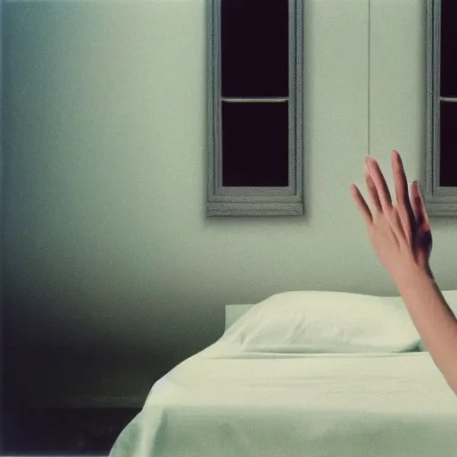 Prompt: close - up on the air - conditioning with water running on the white sheets of a girl's bed, hand of a teenager girl, ablurred, depth of field, unframed, by gerhard richter and nadav kander, 8 k hyper realistic detailed cinematic still