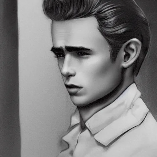 Image similar to a highly detailed epic cinematic concept art CG render digital painting artwork costume design: young James Dean as a well-kept neat perfect formal student in a 1950s USSR school uniform. By Mandy Jurgens, Lim Chuan Shin, Simon Cowell, Barret Frymire, Dan Volbert, Beeple, Butcher Billy, David Villegas, Irina French, Heraldo Ortega, Rachel Walpole, Jeszika Le Vye trending on ArtStation, made in Maya, Blender and Photoshop, octane render, excellent composition, cinematic atmosphere, dynamic dramatic cinematic lighting, aesthetic, very inspirational, arthouse