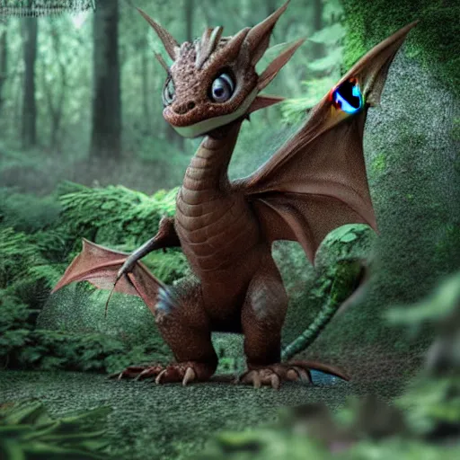 Prompt: cute little dragon in the forest, realistic d render in pixar style