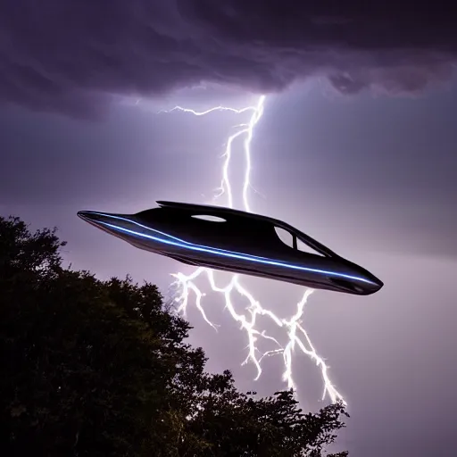 Image similar to futuristic flying car emerging from a circle of lightning in the sky, thunderstorm at night, 28mm dramatic photo