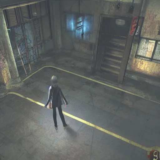 Prompt: playstation 5 screenshot of silent hill, anime, overhead view