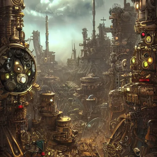 Image similar to robot city, steampunk art, fantasy style, super high detail, super high quality, talented artist, trending on artstation, machinarium