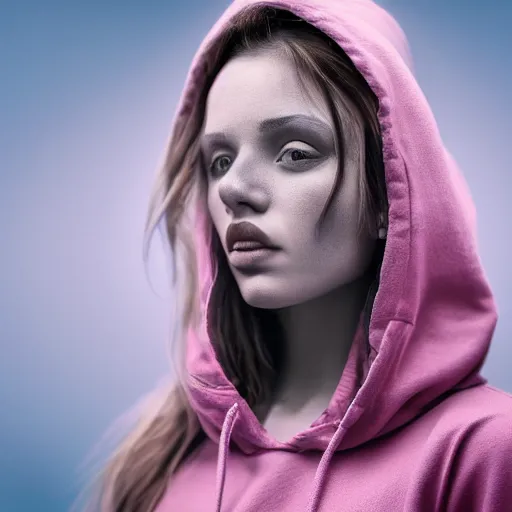 Image similar to highly detailed digital romantic painted portrait of a beautiful woman wearing a hoodie. moody and melanchony. sharp lighting. has a bit of cyan and pink.