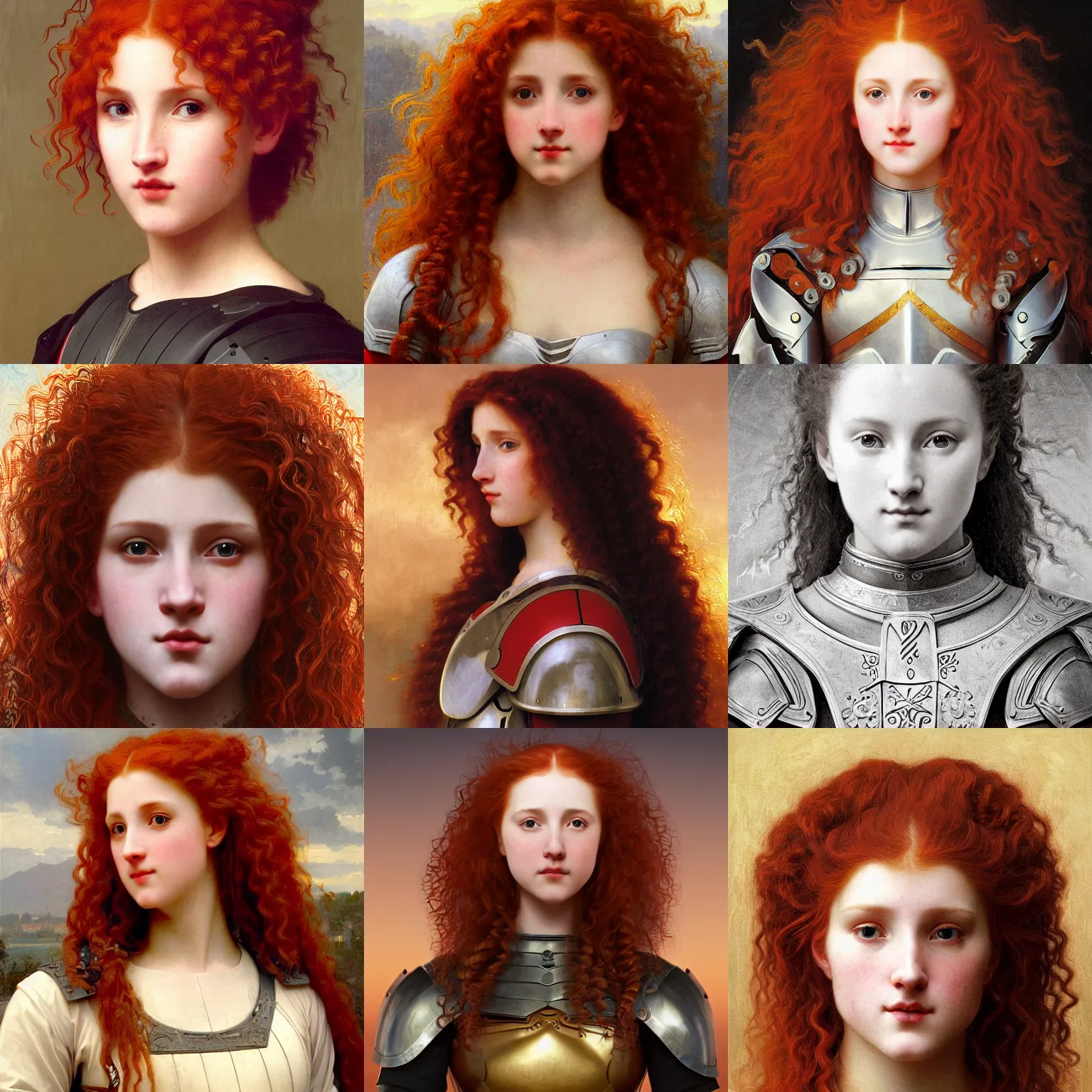 Prompt: Symmetrical knight of symmetry. Stocky red-haired woman with long curly symmetrical red hair. Plate armor. Cheerful. Art by William-Adolphe Bouguereau. During golden hour. Extremely detailed. Beautiful. 4K. Award winning.