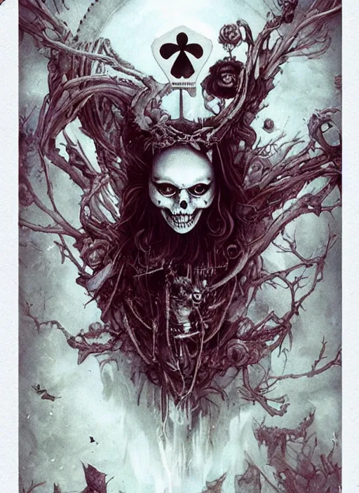 Image similar to Alice in Wonderland White Rabbit Death Tarot card,highly detailed,half skull face,cinematic,8k,by Stanley Artgermm,Tom Bagshaw,Greg Rutkowski,Carne Griffiths, Ayami Kojima, Beksinski, Giger,trending on DeviantArt,hyper detailed,horror, full of colour