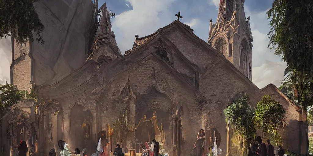 Prompt: street view photograph of the church of kim kardashian where coachella influencers gather to pray for growth, graffiti art style, highly detailed, digital painting, artstation, concept art, dystopian, sharp focus, brutalist illustration, art by greg rutkowski and alphonse mucha, 8 k