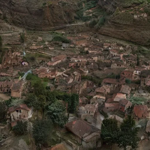 Image similar to the center of a poor medieval town under heavy rain at late night, in a valley, surrounded by mountains, highly detailed, octane render, ultra detailed cinematic, 8 k, widescreen, 1 6 : 9, hd