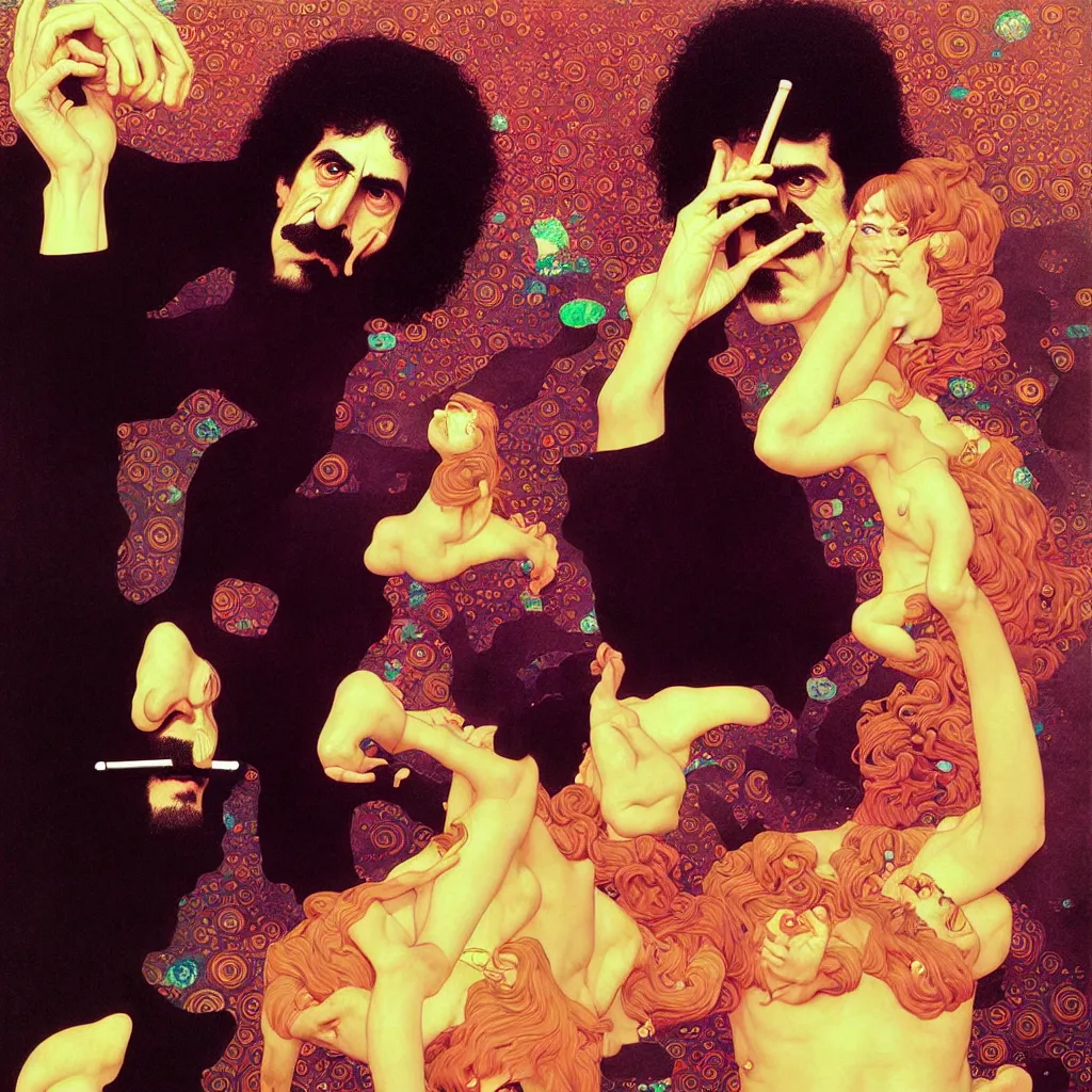 Prompt: weird and disturbing portrait of frank zappa smoking, vivid colors, neon, art by ( ( ( kuvshinov ilya ) ) ) and wayne barlowe and gustav klimt and artgerm and wlop and william - adolphe bouguereau