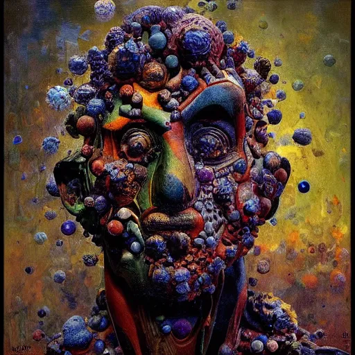 Prompt: a sculpture portrait made of bacteria and virus and molecules and atoms, painting part by wojciech siudmak, part by ilya repin, part by max ernst, part by norman rockwell, artstation