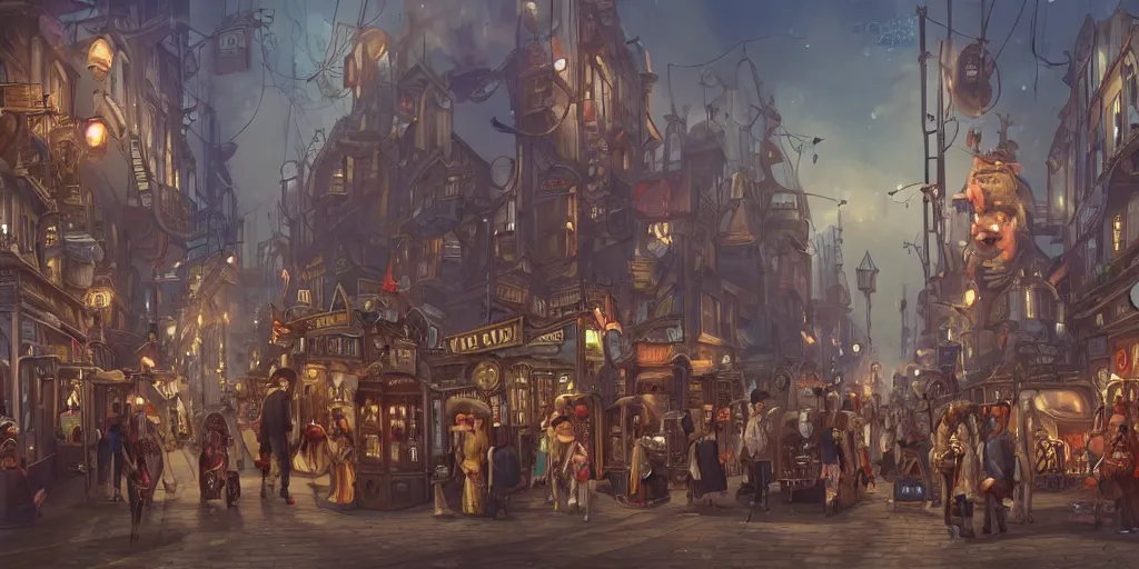 Image similar to a street of a big flying steam punk city full of people with strange costumes, artstation
