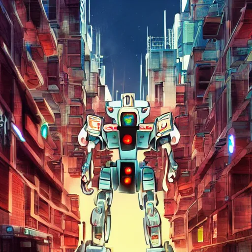 Prompt: A cell animation of a robot shredding a rock guitar solo in a futuristic city street, macross, gundam, ghibli style, illustration, detailed guitar, anime, trending on artstaion