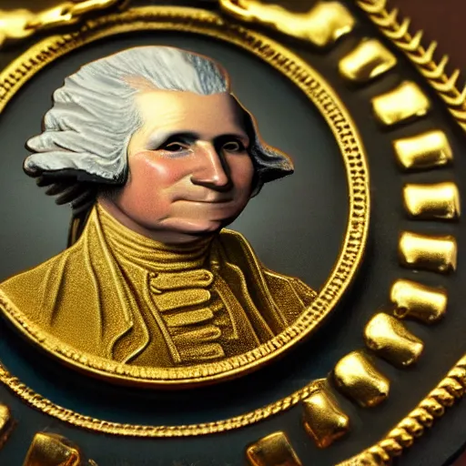 Image similar to a closeup photorealistic illustration of a happy George Washington holding wearing a chain around his neck with a small gold Doubloon coin as a necklace. This 4K HD image is Trending on Artstation, featured on Behance, well-rendered, extra crisp, features intricate detail and the style of Unreal Engine.