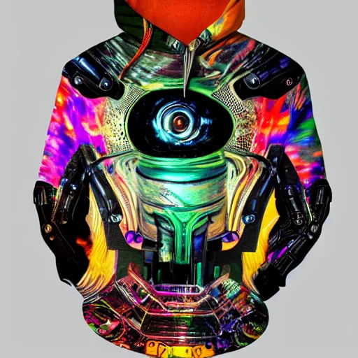 Prompt: mockup of a black hoodie with a hyperdetailed portrait of a steampunk robot on lsd, 8 k, symetrical, flourescent colors, trippy mood, multicolored,