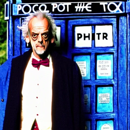 Image similar to christopher lloyd as doctor who in front of tardis, directed by james cameron, 1 9 9 9