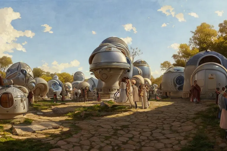 Image similar to a beautiful science fiction factory with spherical design by starwars and army in a village with curved tiny houses in the french countryside during spring season, highly detailed painting by studio ghibli hd and louis remy mignot hd and leyendecker, nice afternoon lighting, smooth tiny details, soft and clear shadows, low contrast, perfect