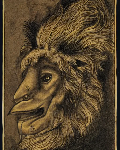 Image similar to a creature with the body and eyes of a man, with the beak of an eagle, the mane of a lion, and the horns of an ox. drawn by francis bacon