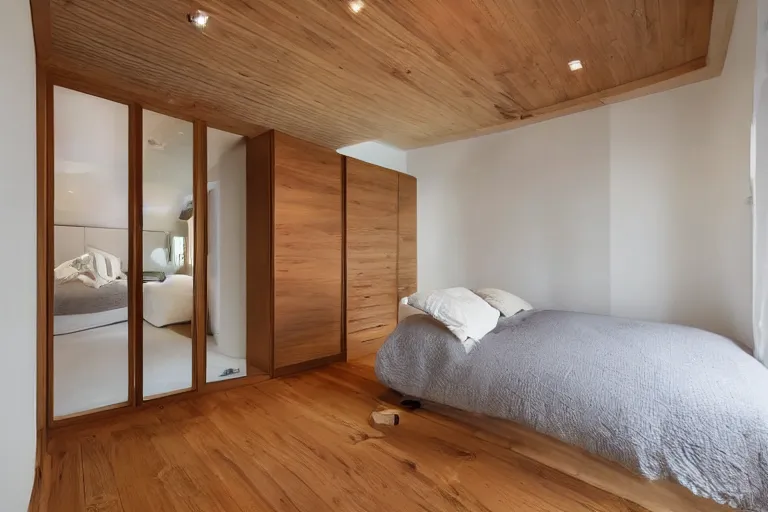 Image similar to a wardrobe with one of its doors open with winter inside it, luxurious bedroom with wooden floor and sunbeams streaming through the window