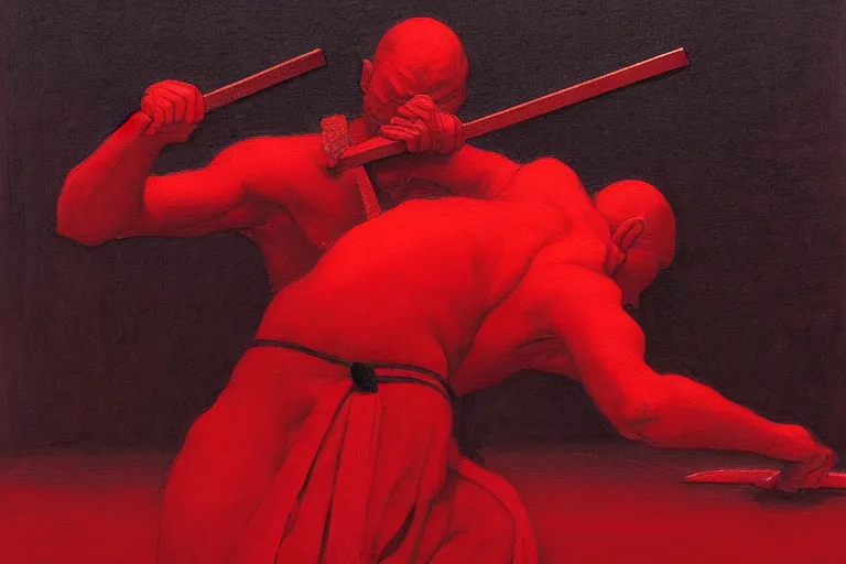 Image similar to only with red, a red samurai do seppuku, tokio, a lot of frogs watch, in the style of beksinski, parts by edward hopper, parts by rodcenko, parts by yue minjun, intricate and epic composition, red by caravaggio, insanely quality, highly detailed, masterpiece, red light, artstation, 4 k