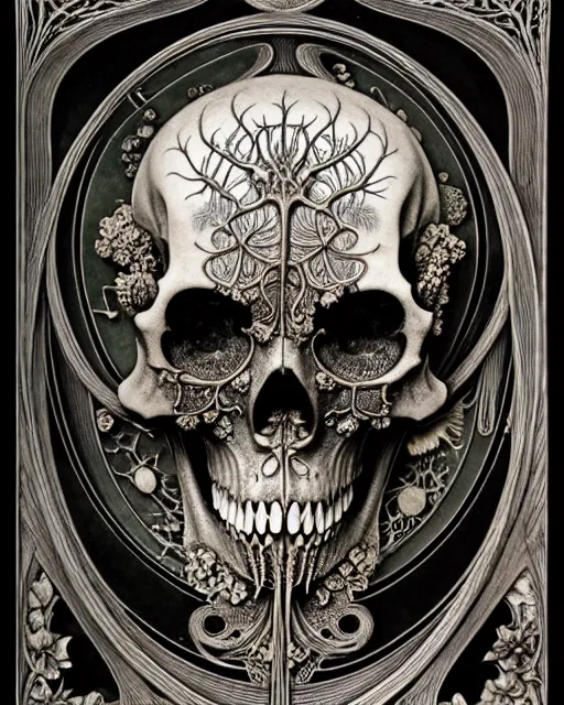 Image similar to art forms of nature by ernst haeckel, memento mori by arthur rackham, ornate antique porcelain beautiful skull mask, ultrasharp, photorealistic, hyperdetailed, octane render, polished, art nouveau, neo - gothic, gothic, intricate ornamental organic filigree, art nouveau botanicals, art forms of nature by ernst haeckel, horizontal symmetry, symbolist, visionary