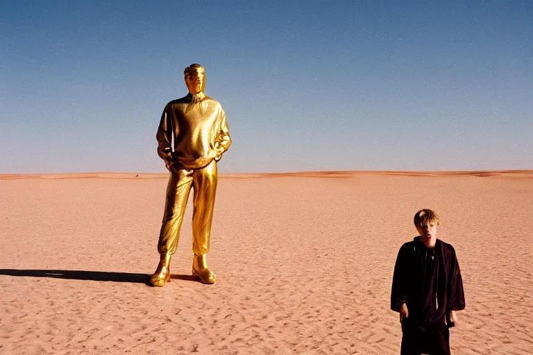 Prompt: Golden statue of Yung Lean in the middle of the Gobi Desert, award-winning photo, 35mm film