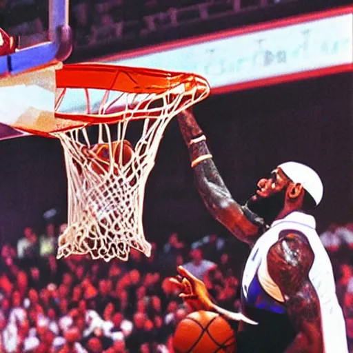 Prompt: baby lebron james dunking in the nba