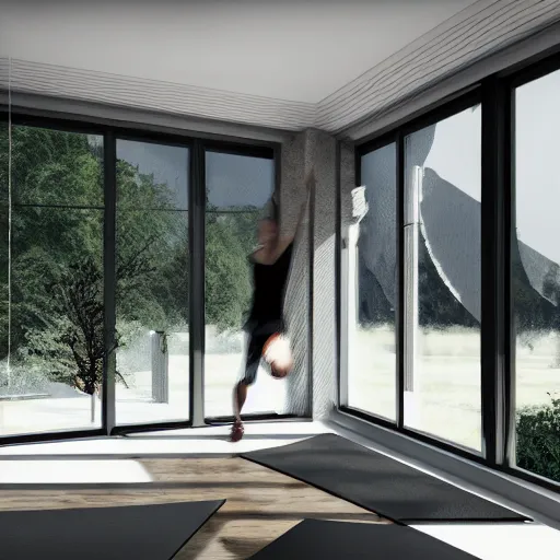 Prompt: brutalist open space home gym, big windows, showing nature landscape on background, minimalist architecture, minimalist furniture, octane render, high quality, 8 k, post production