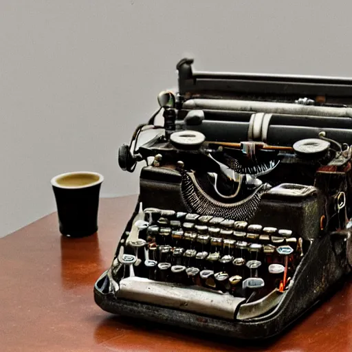 Image similar to an antique typewriter sits alone in an abandoned office