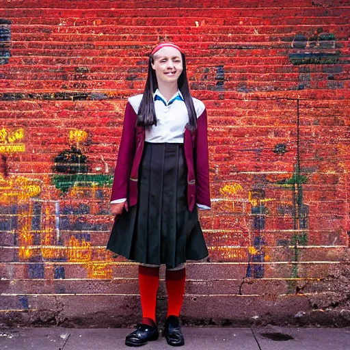 Image similar to night flash portrait photography of a high school girl in catholic uniform on the lower east side by annie leibovitz, colorful, nighttime!, raining!