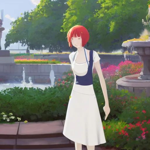 Prompt: a full body portrait of a young woman wearing a white apron standing in front of a fountain in a park, makoto shinkai, james gilleard, very detailed, matte, gaussian blur, tone mapped William-Adolphe, trending on artstation