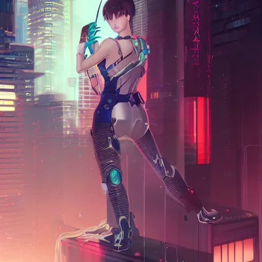 Image similar to portrait futuristic Cyber Ninja Girl, in future cyberpunk tokyo rooftop , ssci-fi, fantasy, intricate, very very beautiful, elegant, neon light, highly detailed, digital painting, artstation, concept art, smooth, sharp focus, illustration, art by alphonse mucha and tian zi and WLOP