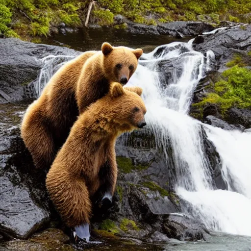 Image similar to hundreds of bears catching a salmon at the top of a small waterfall in alaska, national geographic photo, detailed 4 k