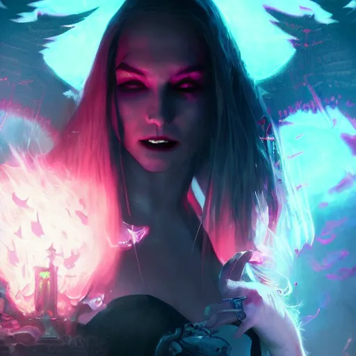 Prompt: immortal novice vampire princess summons demons from hell serious colorful pink and black gothic 4 k high definition soft diffuse lighting artstation trending path traced contrast light and dark colorful bokeh massive scale cinematic breathtaking, art by greg rutkowski
