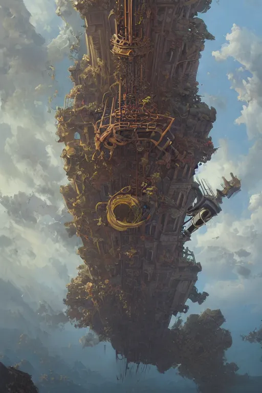 Image similar to illustration a low angle view of a tall ornate pipe organ falling to ruin, by peter mohrbacher, by alex andreev, by jacek yerka, by alan lee, by vincent di fate, large depth of field, super detailed, digital art, trending on artstation