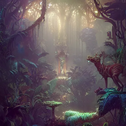 Image similar to hyperreal ultra detailed intricate victorian jungle room by peter mohrbacher and dan mumford, cgsociety, volumetric light