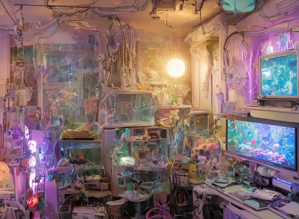 Image similar to telephoto 7 0 mm f / 2. 8 iso 2 0 0 photograph depicting the feeling of chrysalism in a cosy cluttered french sci - fi ( art nouveau ) cyberpunk apartment in a pastel dreamstate art cinema style. ( aquarium, computer screens, window ( city ), leds, lamp, ( ( ( aquarium bed ) ) ) ), ambient light.