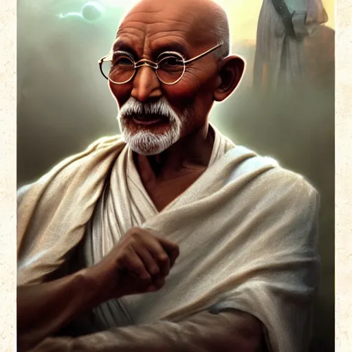 Image similar to a photorealistic portrait of ghandi as a jedi in star wars cinematic lighting, photorealistic, octane render, 8 k, depth of field, 3 d, art by artgerm and greg rutkowski and alphonse mucha and uang guangjian and gil elvgren and sachin ten