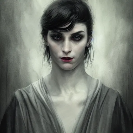 Prompt: a vampire priest character portrait, lean face, cinematic lighting, glowing grey eyes, hyper-detailed, 4k, high resolution, in the style of Charlie Bowater, Tom Bagshaw, single face, symmetrical, headshot photograph, insanely detailed and intricate, beautiful, elegant, watercolor, cinematic, portrait, Raphaelite, headroom, Pierre-Auguste Renoir