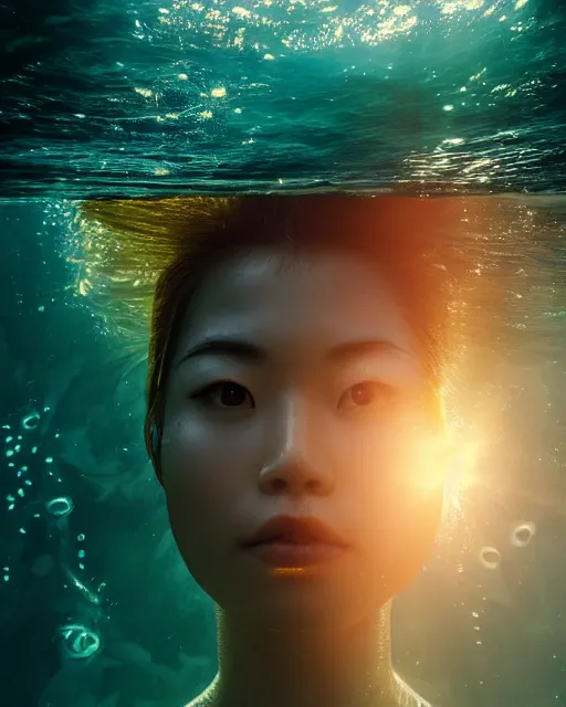 Prompt: portrait of asian woman underwater during sunrise, sunrays, aquaman aesthetic, caustics, rippling water, photoshoot, flowing hair, haunting!, iconic, fine-art, masterpiece, cinematic, trending on artstation
