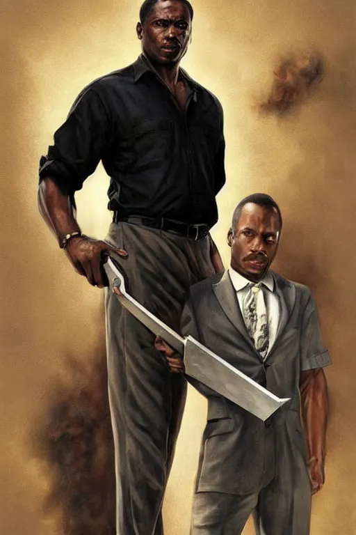 Image similar to a black man wearing a white shirt tucked into slacks. he is wielding a knife with a confident and smug look on his face. in the style of of true detective. art by tomasz alen kopera and glenn fabry.