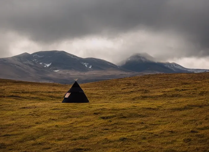 Prompt: a lone yurt on a hill overlooking cloudy mountains in the morning