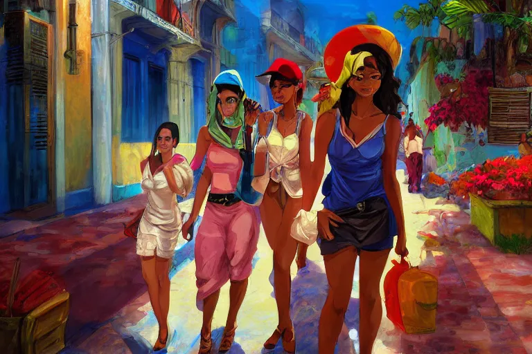 Image similar to concept art, painting of cuban women in havana, digital anime art, good lighting,