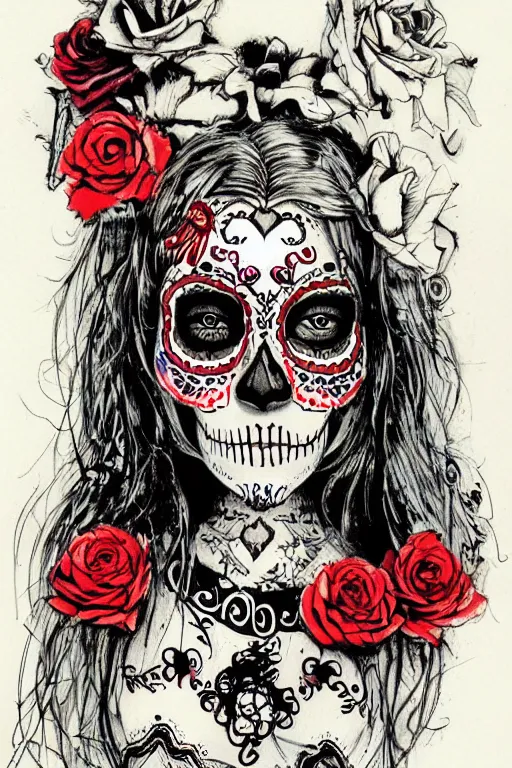 Image similar to illustration of a sugar skull day of the dead girl, art by ralph steadman