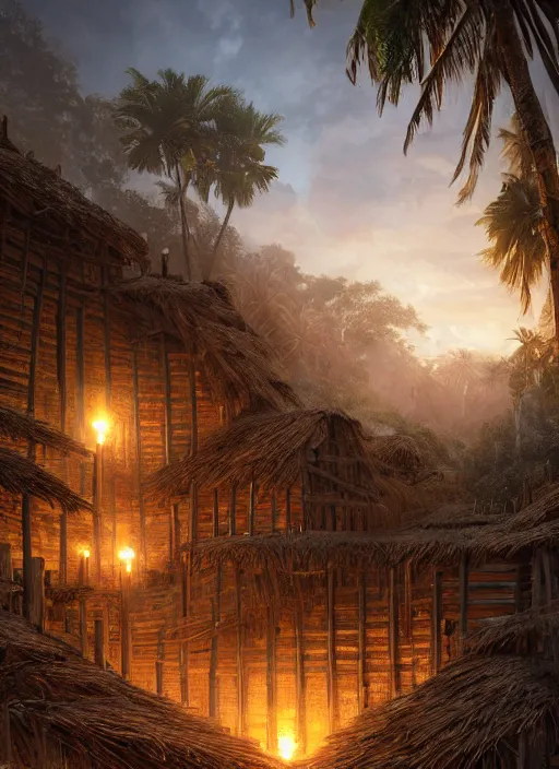 Image similar to wooden palisade wall on a tropical island kit by torches in a Storm , intricate Details, raphael lacoste, eddie mendoza, alex ross, concept art, matte painting, highly detailed, rule of thirds, dynamic lighting, cinematic, detailed, denoised, centerd, clean render