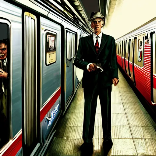 Prompt: mr ed runnning to catch the nyc subway, frantic, wearing a suit, style of norman rockwell, style of richard corben, ultra detailed, 8 k, rule of thirds, cinematic lighting.