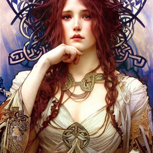 Prompt: realistic detailed face portrait of a beautiful Celtic Warrior Princess by Alphonse Mucha, Ayami Kojima, Amano, Charlie Bowater, Karol Bak, Greg Hildebrandt, Jean Delville, and Mark Brooks, Art Nouveau, Neo-Gothic, gothic, rich deep moody colors