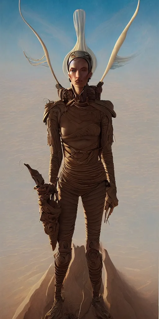 Image similar to a stunning hyperrealistic character from the movie Dune walking through an arid minimalistic desert with harsh noon sunlight with an oasis in the background, award-winning, masterpiece, in the style of Tom Bagshaw, Cedric Peyravernay, Peter Mohrbacher